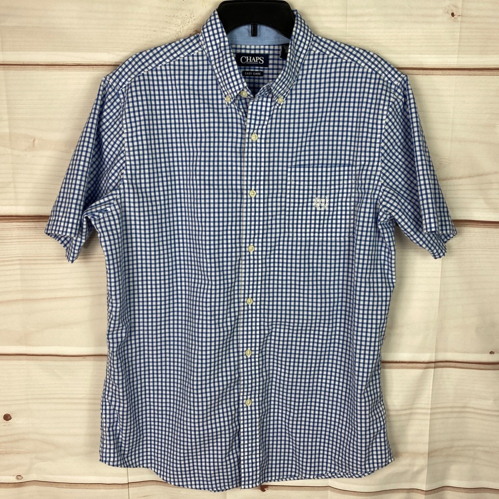 Chaps Shirt Mens XL Blue White Gingham Easy Care Button Down Short Sleeve Collar
